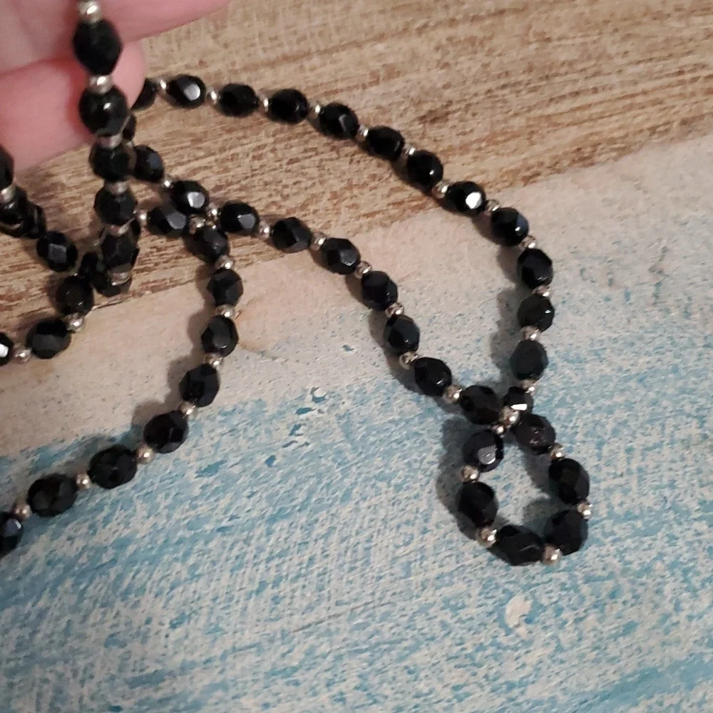 Elegant Black Chrystal Beaded Necklace with metal beading accents &silver clasp